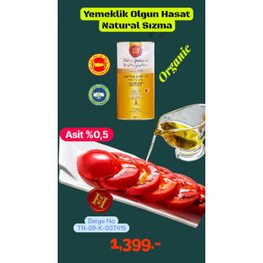 Yemeklik Organik Olgun Hasat Natürel Sızma Zeytinyağı 5 L